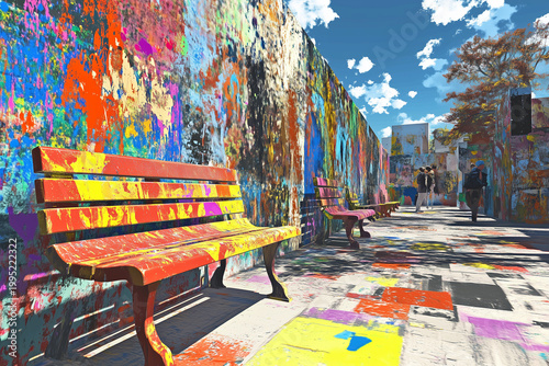 Vibrant bench with abstract graffiti on abandon wall community center Town Square. Urban lifestyle. Community relaxation areas and pedestrian zones 