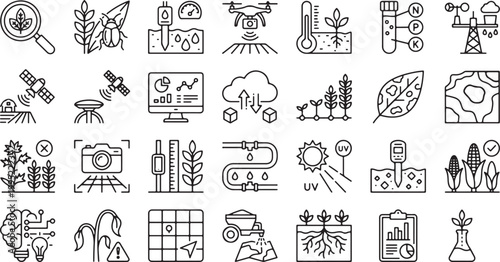 Modern smart agriculture and precision farming line icons featuring digital technology drone monitoring satellite data soil analysis and sustainable automation,