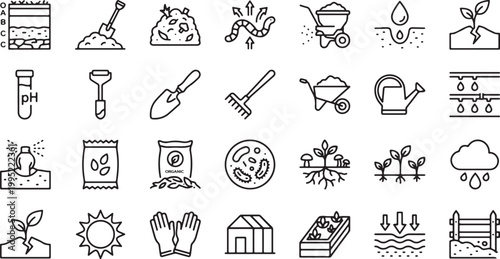 Organic gardening and soil health line icon set featuring composting worms plant growth ph testing tools and irrigation