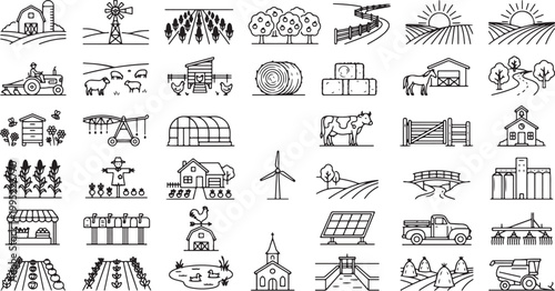 Scenic rural landscape and agricultural farm life line icons featuring barn houses fields livestock windmills solar panels and traditional country living scenes,