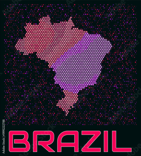 Brazil digital style hexagon map. Vibrant magenta purple pink neon dotted shape. Country tiny bright hexagon cells. Brazil honeycomb map design. Amazing Vector Illustration.