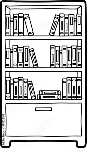 Hand drawn wooden bookcase with many books on shelves isolated on white background