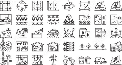 Smart farming precision agriculture technology irrigation monitoring analytics renewable energy greenhouse livestock management outline vector icon set digital farming collection