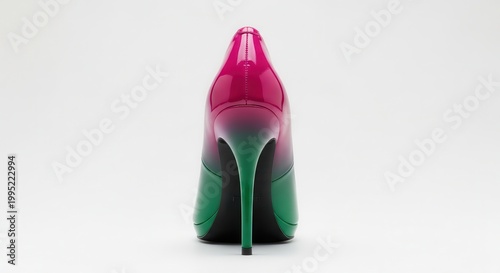 Exquisite two-tone patent stiletto heel showcasing a seamless magenta to emerald color blend on a