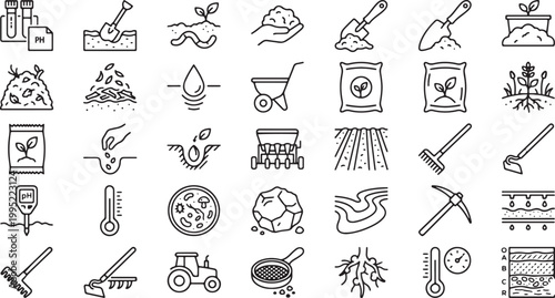 Sustainable soil management and organic farming line icon set featuring planting seeds composting laboratory testing tools and cultivation