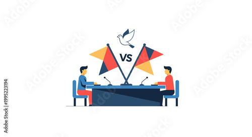 Diplomatic debate between two representatives with flags and peace dove. EPS Editable. Vector Illustrations.