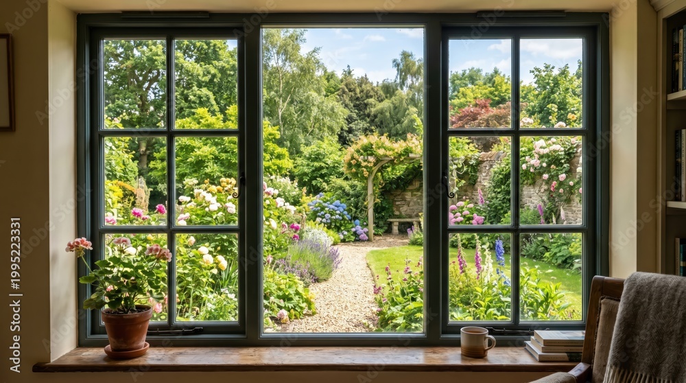 Fototapeta premium Cottage garden path visible through large window in sitting room