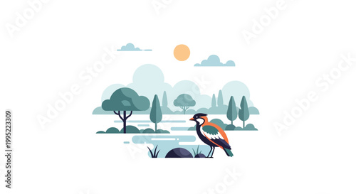 A colorful bird standing gracefully in a serene natural environment. EPS Editable. Vector Illustrations.