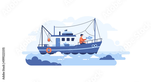 A commercial fishing boat vessel sailing on the ocean. EPS Editable. Vector Illustrations.