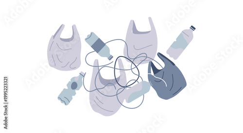 A collection of plastic waste including bags and bottles representing environmental pollution. EPS Editable. Vector Illustrations.