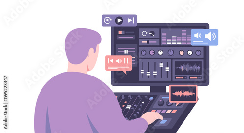 A digital illustration of a sound engineer working on an audio mixing console. EPS Editable. Vector Illustrations.