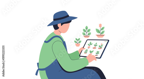 A digital gardener using a tablet to monitor plant growth. EPS Editable. Vector Illustrations.