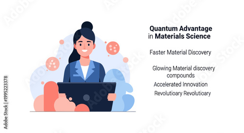 A female scientist working on a laptop with quantum computing concepts for material science. EPS Editable. Vector Illustrations.