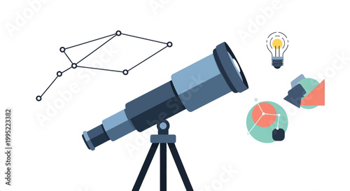A flat vector illustration of a telescope on a tripod with floating business and strategy icons. EPS Editable. Vector Illustrations.
