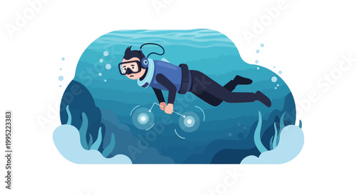 A flat vector illustration of a scuba diver exploring underwater with bright flashlights. EPS Editable. Vector Illustrations.