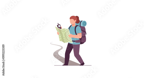 A flat vector illustration of a young female hiker checking a map while walking along a path with a backpack. EPS Editable. Vector Illustrations.