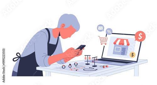 A jeweler manages an online shop using a smartphone and laptop. EPS Editable. Vector Illustrations.