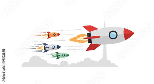 A large central rocket leading a group of smaller colorful rockets flying across space. EPS Editable. Vector Illustrations.