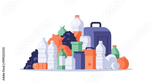 A large pile of assorted plastic waste and household garbage. EPS Editable. Vector Illustrations.