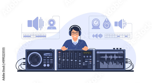 A male audio engineer working with professional sound mixing console equipment. EPS Editable. Vector Illustrations.