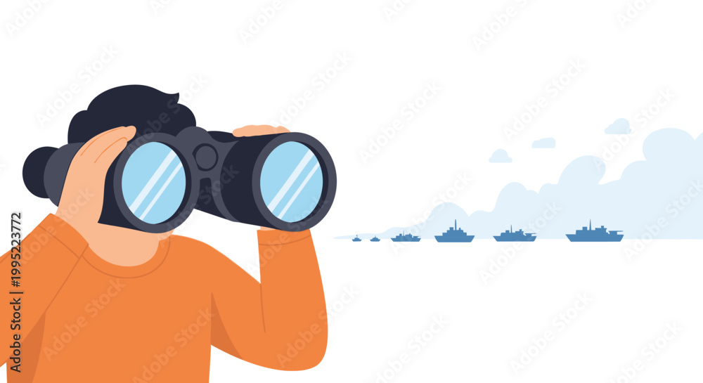 Obraz premium A man using binoculars to observe distant military tanks in a flat illustration style. EPS Editable. Vector Illustrations.