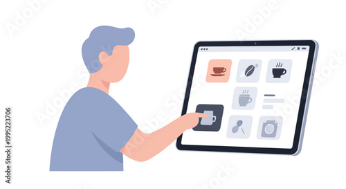 A man interacting with a tablet interface displaying a collection of coffee themed icons. EPS Editable. Vector Illustrations.