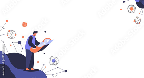 A man standing on a hill observing a digital projection or map. EPS Editable. Vector Illustrations.