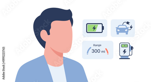 A man thinking about electric vehicle ownership and charging features. EPS Editable. Vector Illustrations.