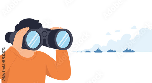 A man using binoculars to observe distant military tanks in a flat illustration style. EPS Editable. Vector Illustrations.