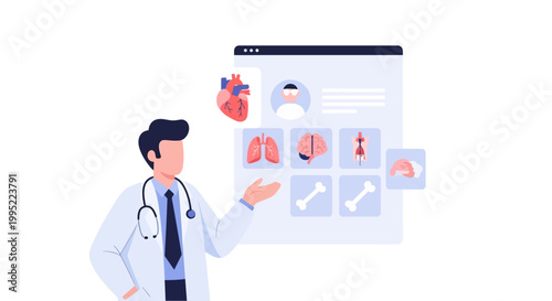 A medical professional presenting human organ and bone diagnostics on a digital display. EPS Editable. Vector Illustrations.