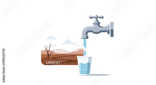 A metal faucet filling a glass with water against a dry desert landscape background. EPS Editable. Vector Illustrations.
