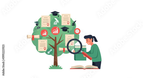 A student investigating educational growth and academic development with a magnifying glass. EPS Editable. Vector Illustrations.