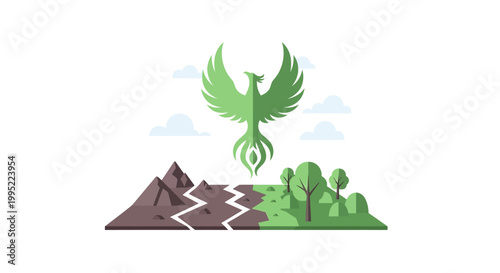 A symbolic green phoenix rising above a split landscape of barren mountains and lush forest. EPS Editable. Vector Illustrations.