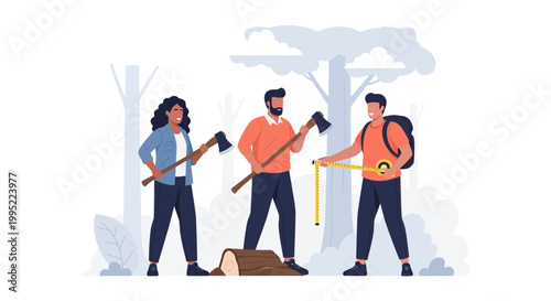 A team of foresters working together in the woods. EPS Editable. Vector Illustrations.