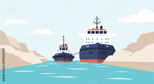 A tugboat guiding a large cargo ship through a narrow canal waterway. EPS Editable. Vector Illustrations.