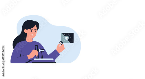 A young female scientist performing microscopic analysis in a laboratory setting. EPS Editable. Vector Illustrations.