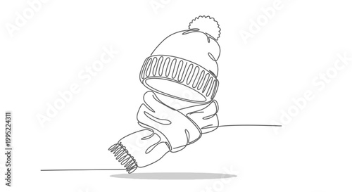 Continuous line drawing of a winter hat and scarf set, minimalist style