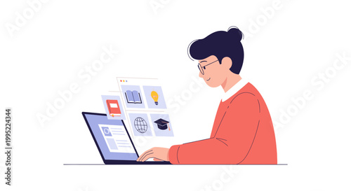 A young woman student sitting at a desk studying online with a laptop. EPS Editable. Vector Illustrations.