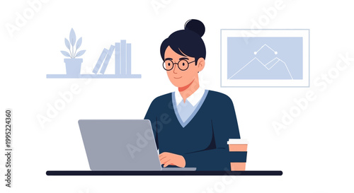 A young woman working diligently on her laptop computer at a desk. EPS Editable. Vector Illustrations.