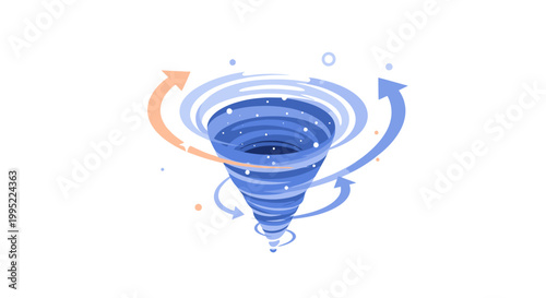 Abstract 3D blue funnel vortex tornado illustration with swirling motion arrows. EPS Editable. Vector Illustrations.