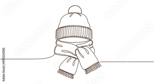 Minimalist Line Art: Winter Hat, Scarf, Gloves Set - Single Continuous Line Drawing