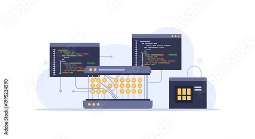 Abstract illustration of software development and server data processing. EPS Editable. Vector Illustrations.