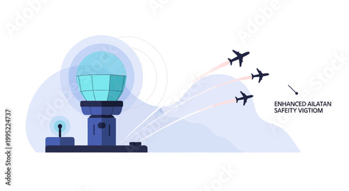 Air traffic control tower monitoring airplanes with radar safety system. EPS Editable. Vector Illustrations.