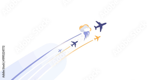 Airplanes flying in formation with a rocket launching into the sky. EPS Editable. Vector Illustrations.