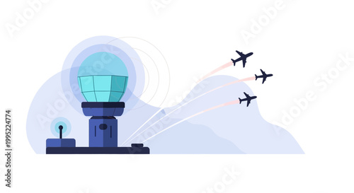 Air traffic control tower with airplanes taking off. EPS Editable. Vector Illustrations.