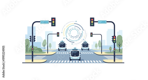 Autonomous self driving cars navigating city intersection with digital sensor scanning. EPS Editable. Vector Illustrations.