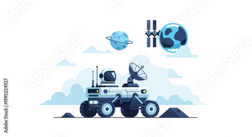 Autonomous space exploration rover vehicle on planetary surface. EPS Editable. Vector Illustrations.