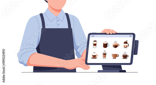 Barista standing at a digital point of sale terminal in a cafe. EPS Editable. Vector Illustrations.