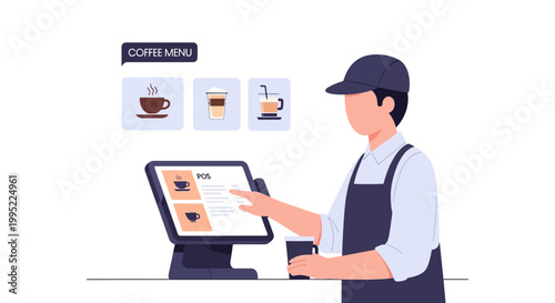 Barista taking coffee order on digital touchscreen POS system. EPS Editable. Vector Illustrations.