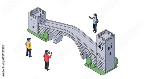 Isometric Illustration of a Stone Bridge with Tourists and Towers.